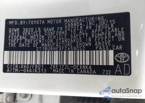 2015 Toyota Corolla Le z USA, uszkodzony, nr VIN 2T1BURHEXFC459052